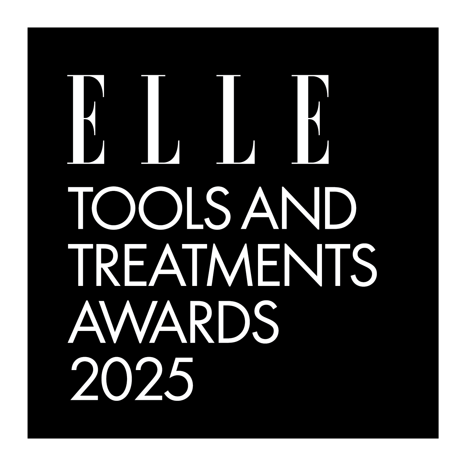 Black square badge with white text that reads “ELLE Tools and Treatments Awards 2025.”