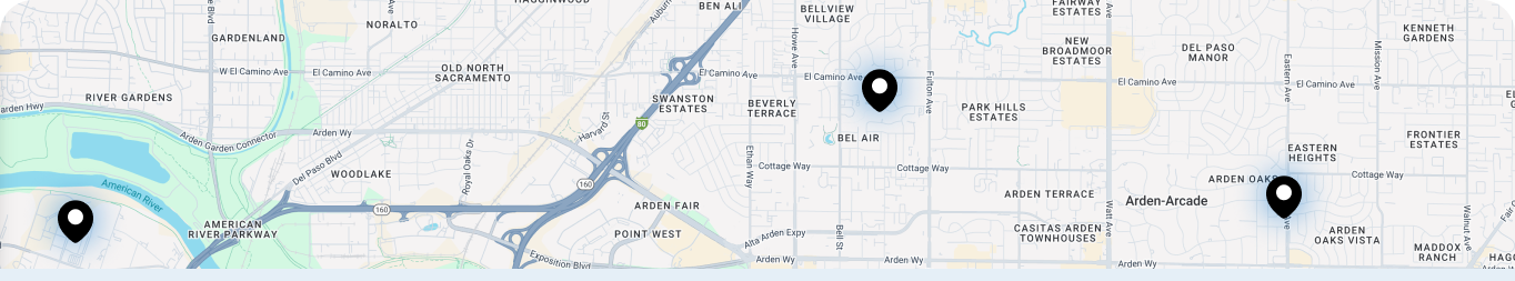 Map of Sacramento highlighting three Hydrafacial provider locations with pinpoint markers.