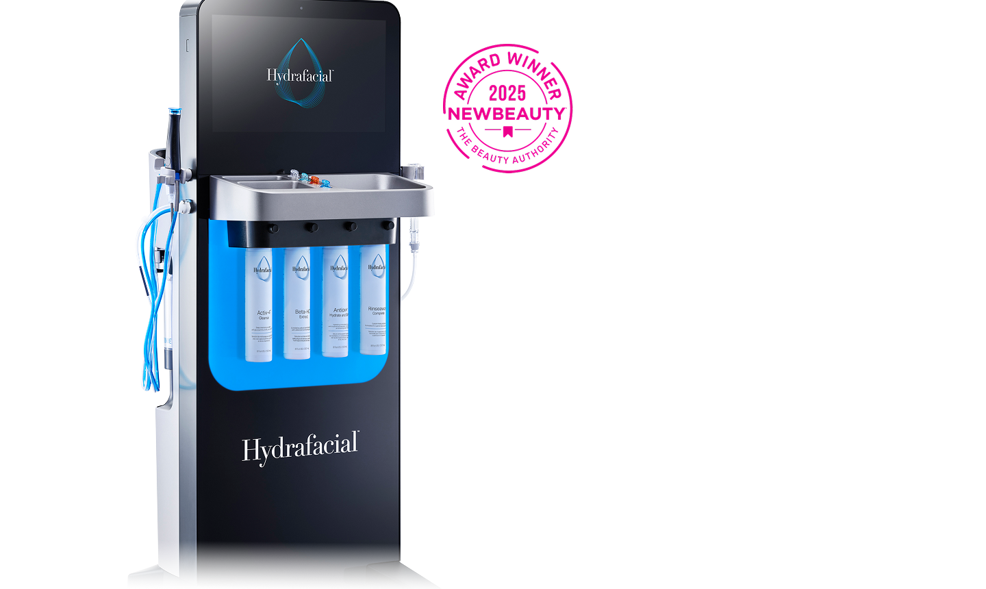 Hydrafacial device with digital display and four visible serum bottles, featuring a 2025 NewBeauty Award Winner badge.