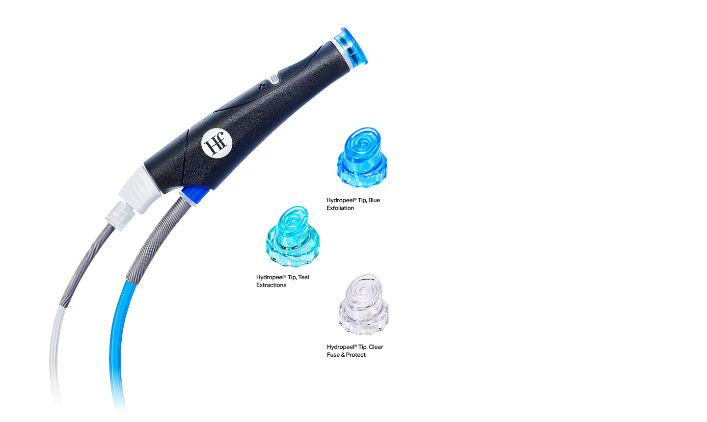 Hydrafacial handpiece shown with interchangeable HydroPeel® tips in blue and clear, designed for exfoliation and serum infusion.
