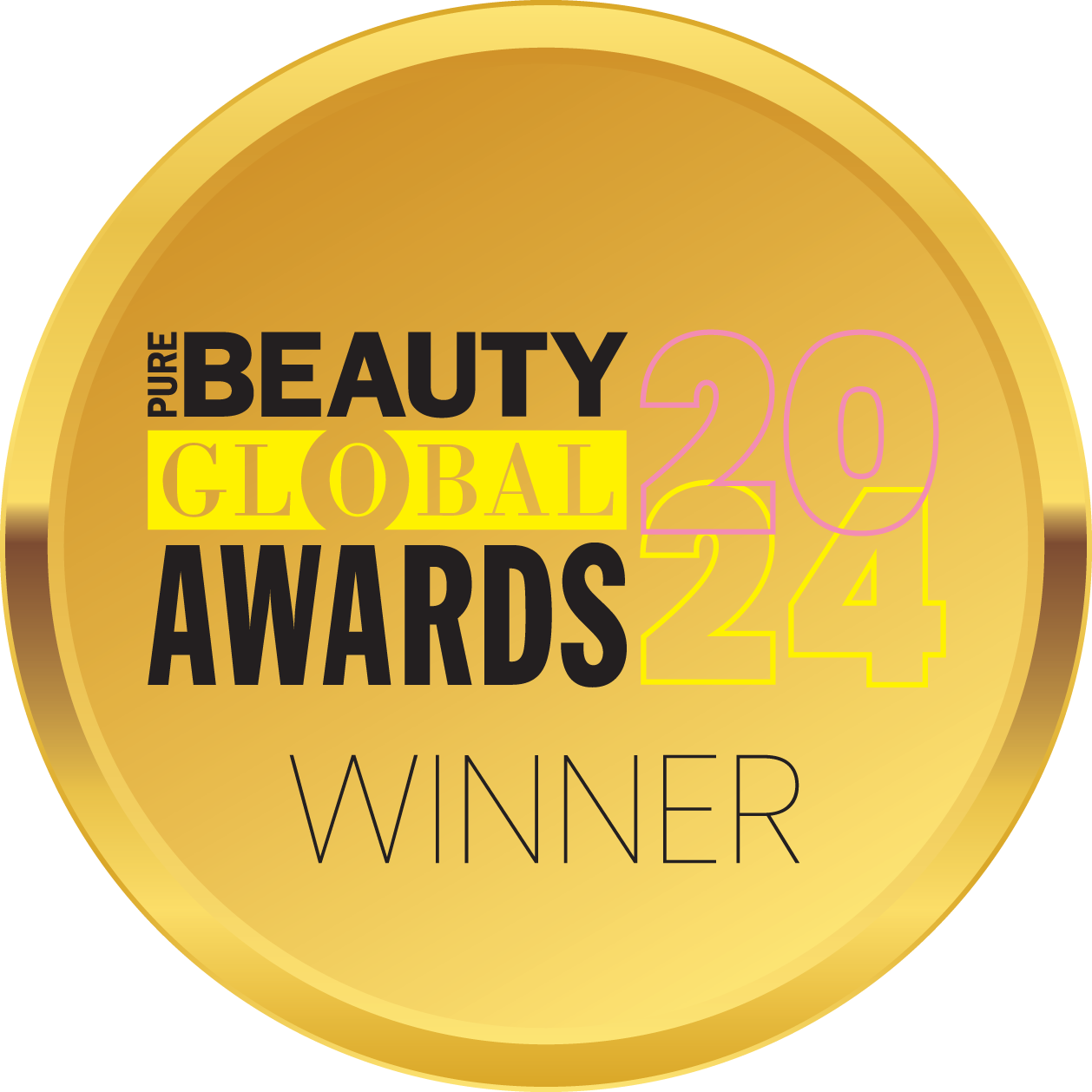 Gold circular badge with black and yellow text that reads “Pure Beauty Global Awards 2024 Winner.”