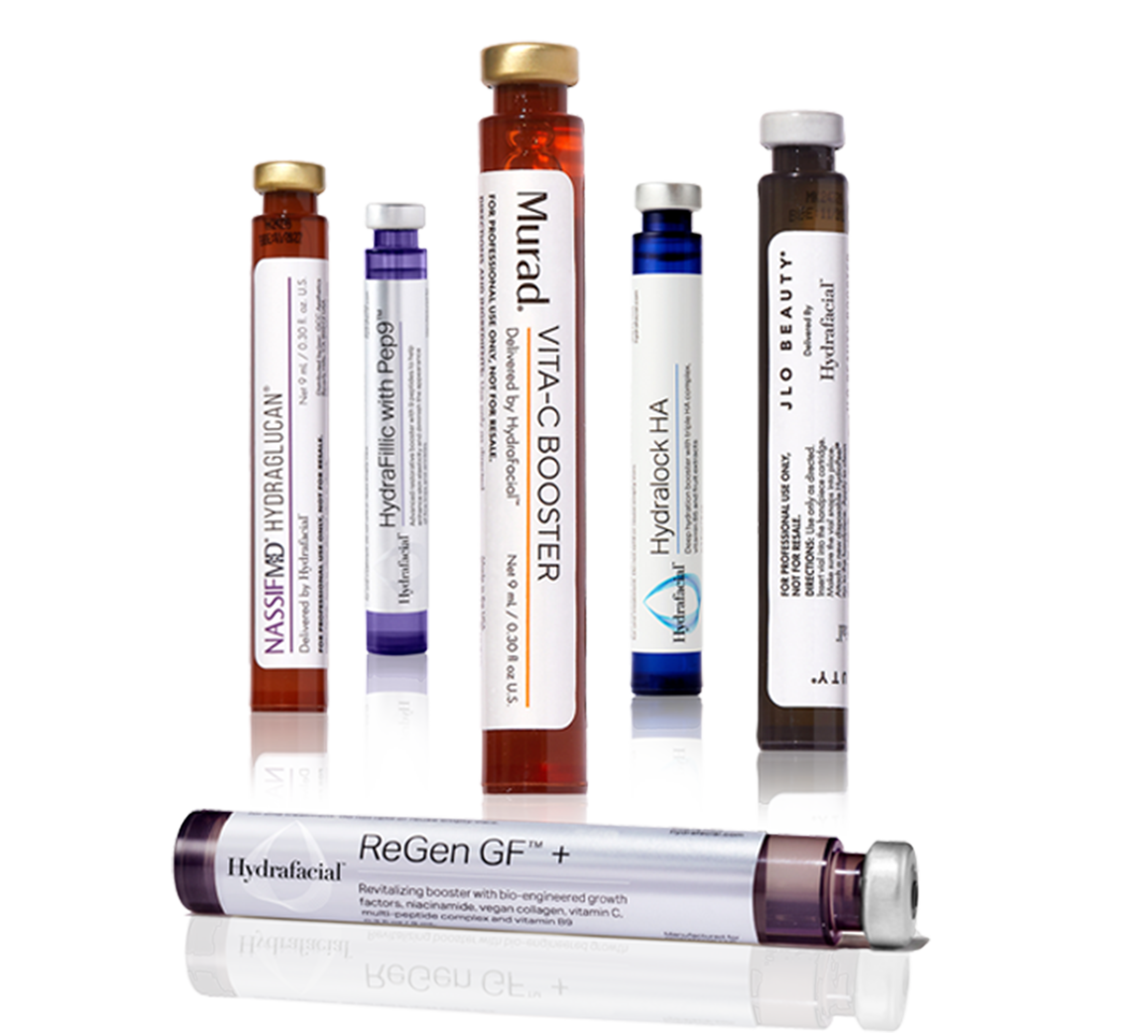 Collection of Hydrafacial booster vials standing upright, including labeled tubes from Murad, NassifMD, JLO Beauty, and others.