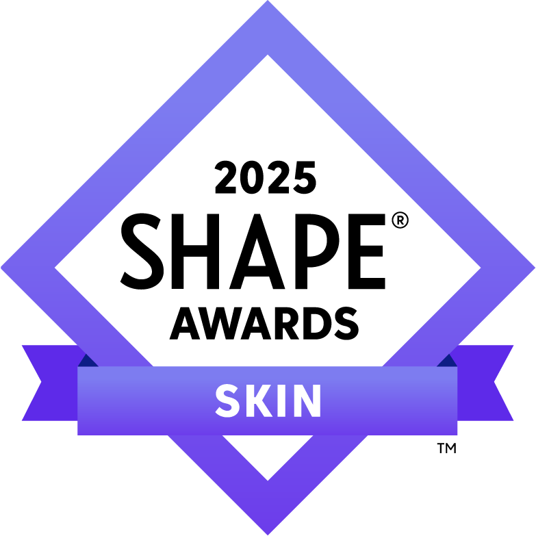 Purple diamond-shaped badge with white and black text that reads “2025 Shape Awards Skin.”