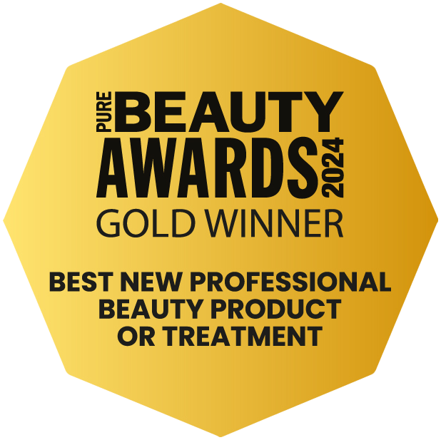 Gold award badge that reads “Pure Beauty Awards 2024 – Gold Winner, Best New Professional Beauty Product or Treatment.”