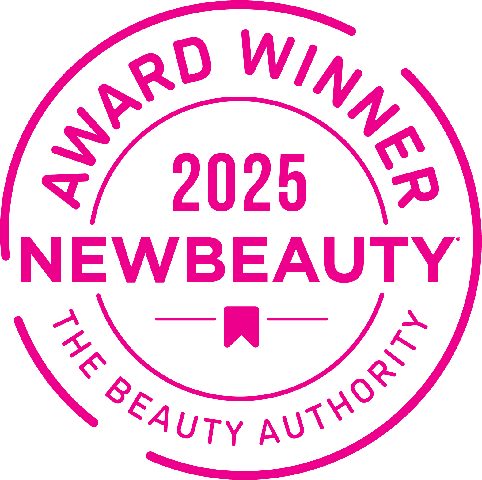 Pink award seal that reads “2025 NewBeauty Award Winner – The Beauty Authority.”